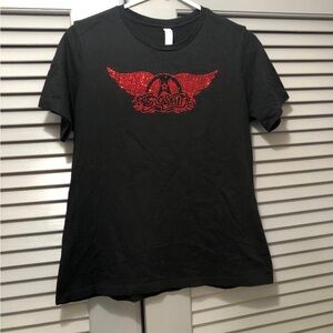 Women's Aerosmith Black Logo Tee with Red Rhinestone Wings